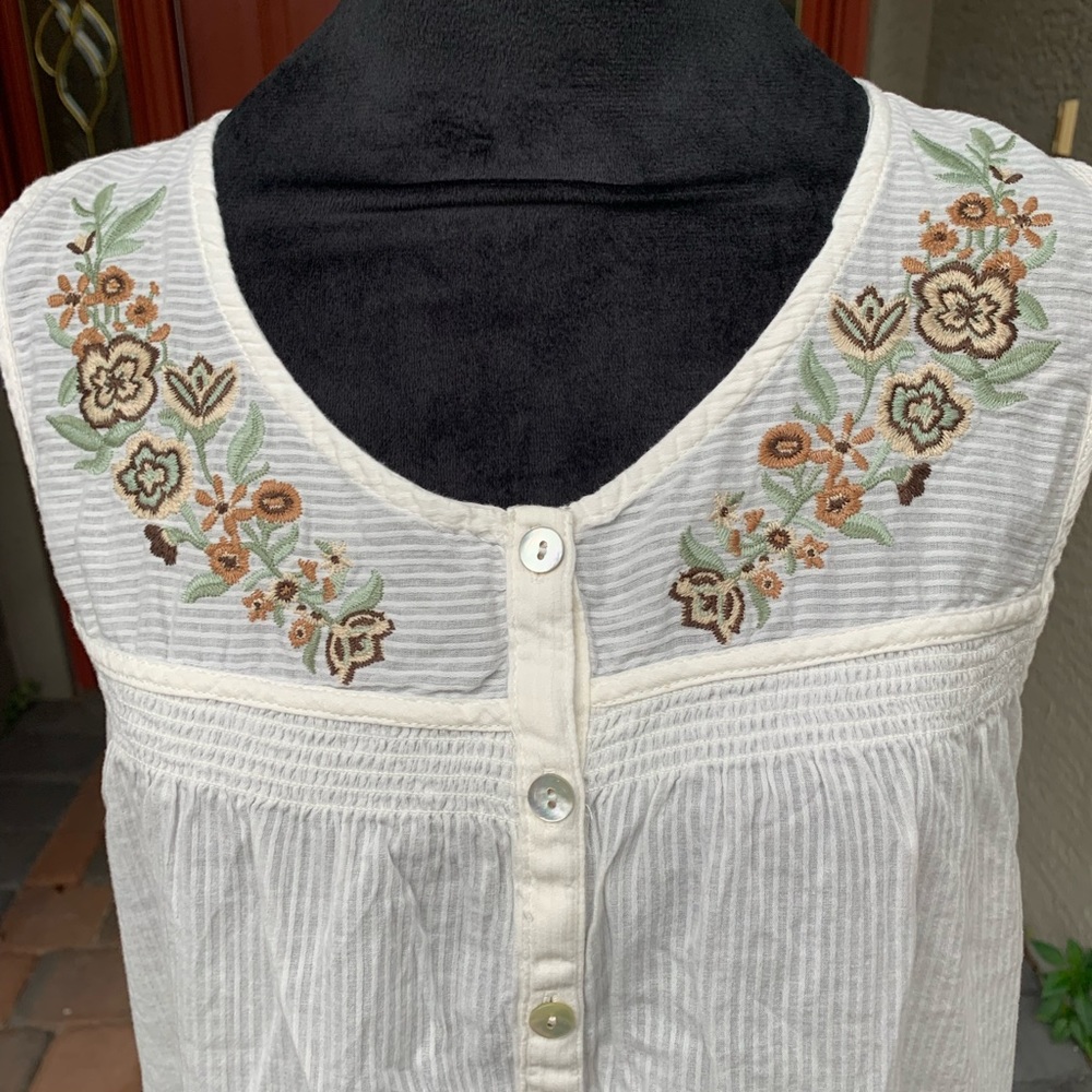 Boho Embroidered Neutral Tone Sleeveless Button Down Top